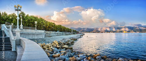 Panorama of the Black Sea at sunset, Admiral Serebryakov Embankment, Krasnodar Territory, Novorossiysk