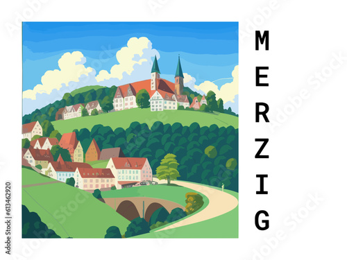 Merzig: Vintage artistic travel poster with a German scenic panorama and the title Merzig