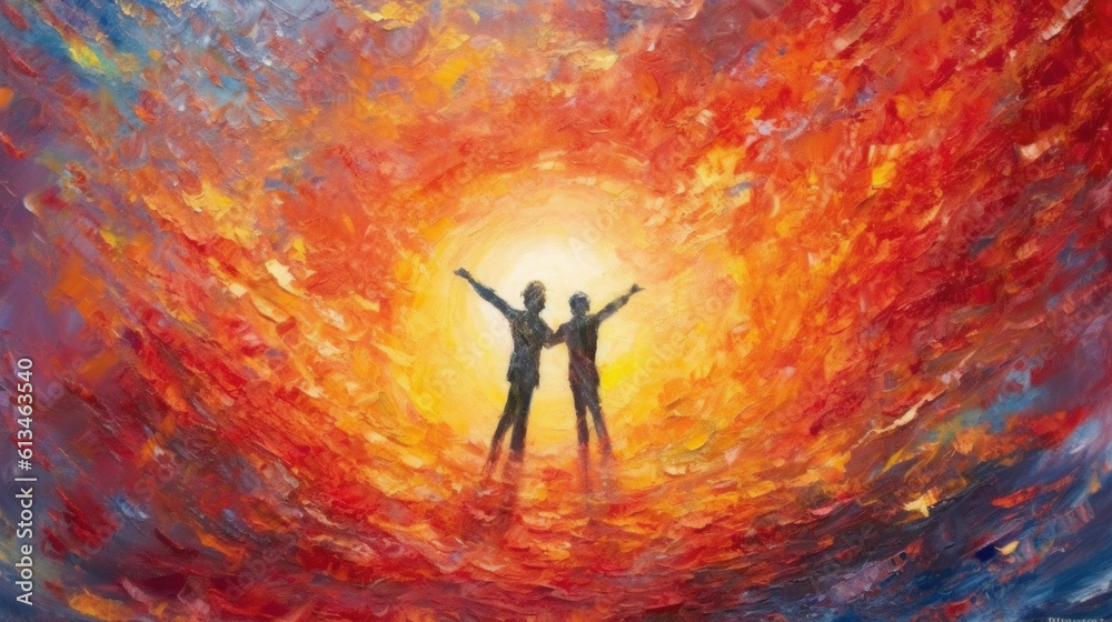 painting of Lgbtq two people painting of the celestial scene, vibrant impressionism