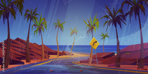 Rainfall on highway to sea beach. Vector cartoon illustration of dangerous road with sharp turn warning sign, rocky stones and palm trees along rainy coastline way, dull gray sky. Stormy weather