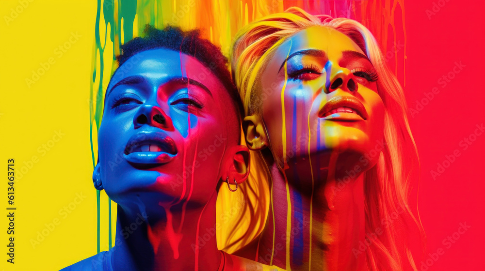 Obraz premium Concept Pride Month Lgbt portrait of Caucasian and Black people in dripping art style