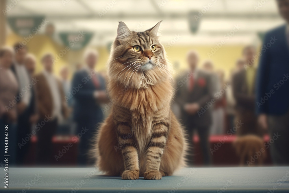 A wellgroomed show cat being admired by a judge in a cat show