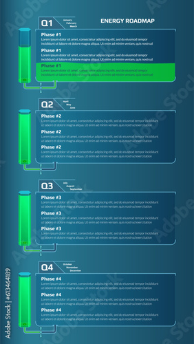 Vertical roadmap for game project with energy tank and quarters connected by pipes with taps on blue background. Timeline infographic template for business presentation. Vector.