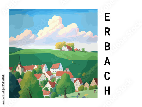 Erbach: Vintage artistic travel poster with a German scenic panorama and the title Erbach