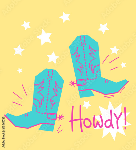 Cowboy poster howdy text with cowboy western boots. Vector cowboy happy birthday card background
