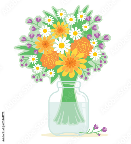 Bouquet of flowers in a bank isolated. Vector beautiful wildflowers in glass vase illustration for design