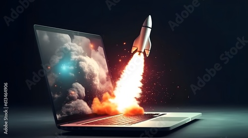 Business start up Rocket launch coming out from laptop, Business start up launch coming out, ai generative