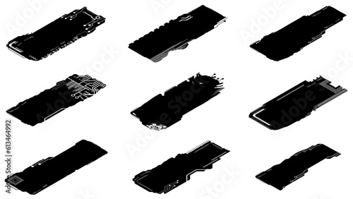 Set of Isometric silhouettes rectangular design elements in tech style isolated on white. Tech plates with copy space. Clipart.