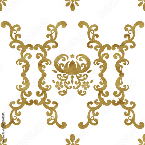 Hand-drawn watercolor illustration. Seamless damask pattern with golden texture. Can be used for textile, printing or other design. Floral pattern. Two options - on white and transparent background.