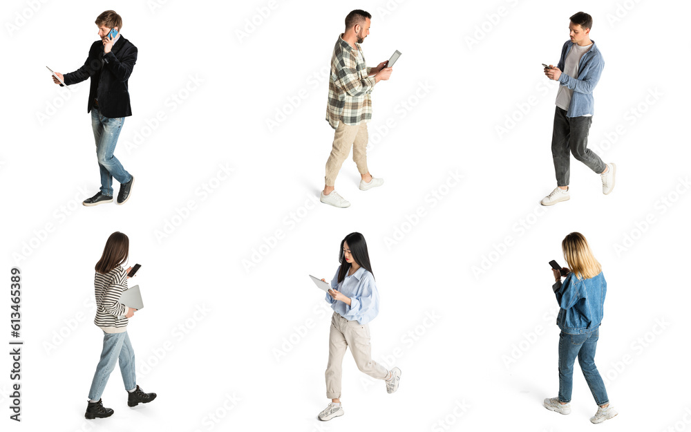 Conceptual collage with people walking and using different gadgets for work, education and communication. Isometric view. Concept of business, employment, freelance job, modern technologies, ad Conceptual collage with people walking and using different gadgets for work, education and communication. Isometric view. Concept of business, employment, freelance job, modern technologies, ad