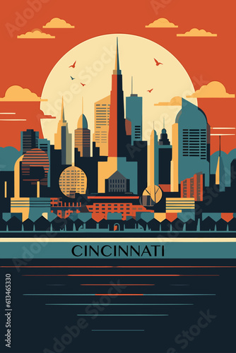 Photos USA United States of America Cincinnati city vintage poster with abstract shapes of landscape and skyline