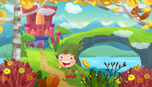 cartoon scene with cheerful smiling dwarf near fairy tale magical castle illustration for children