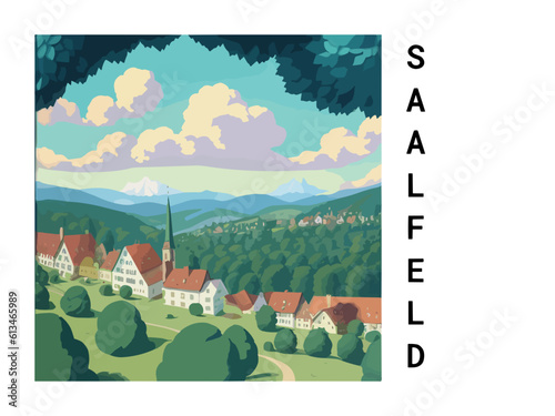 Saalfeld: Vintage artistic travel poster with a German scenic panorama and the title Saalfeld photo