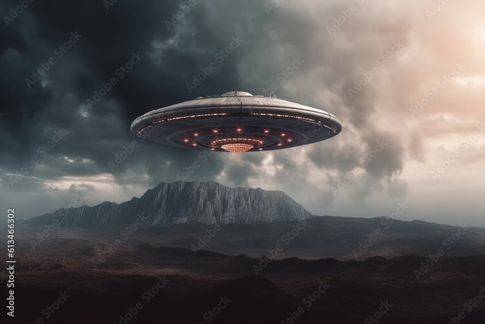 Ufo day spaceship near volcano. Generate Ai Ufo day spaceship near volcano. Generate Ai