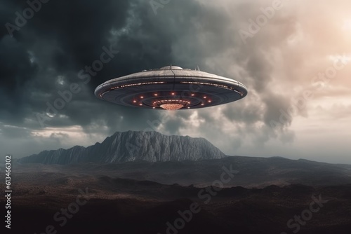 Ufo day spaceship near volcano. Generate Ai