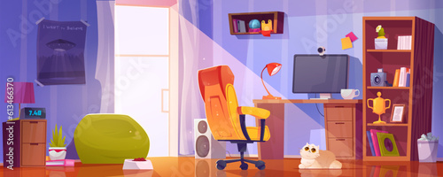 Vector workplace with computer for study and cat. Boy or girl teen interior room furniture with desk, monitor, poster, goblet and armchair. Streaming setup teenage flat illustration with pc and webcam