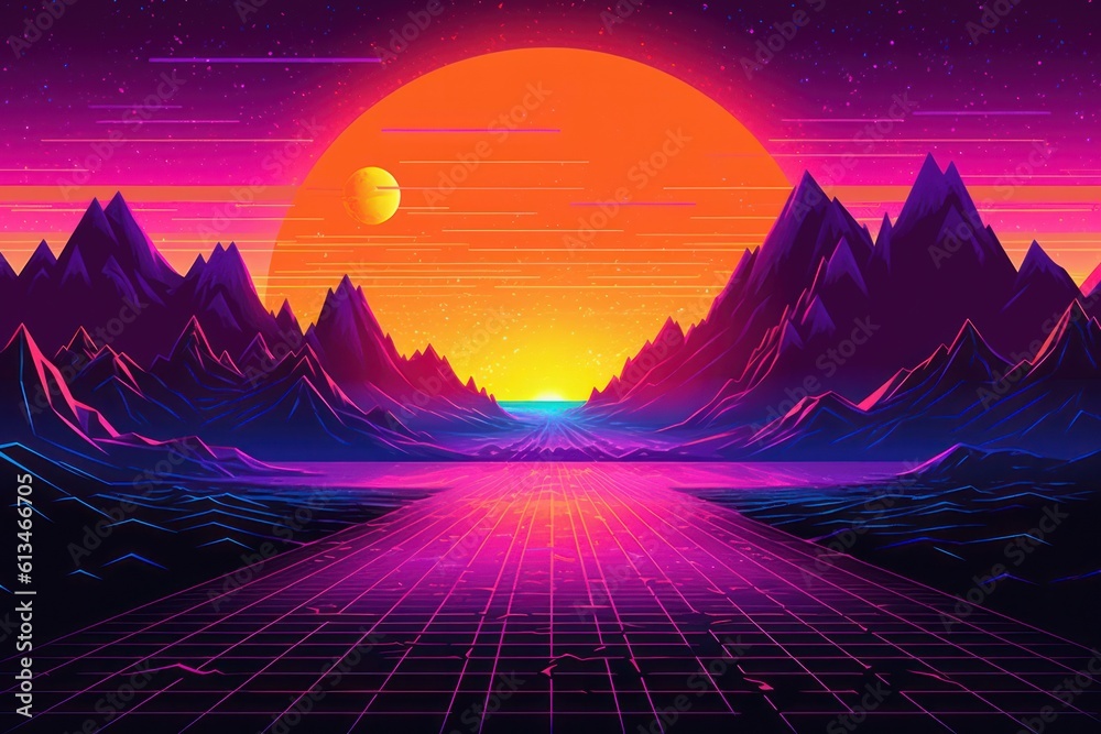 Vibrant neon grid landscape at sunset, with a pixelated sun and retro 80s game style. Generative AI