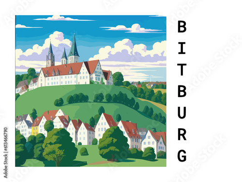 Bitburg: Vintage artistic travel poster with a German scenic panorama and the title Bitburg