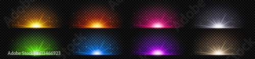 Realistic set of colorful magic light effects isolated on transparent background. Vector illustration of fantasy explosion sparkling with glitter. Christmas surprise. Disco party flashes shimmering