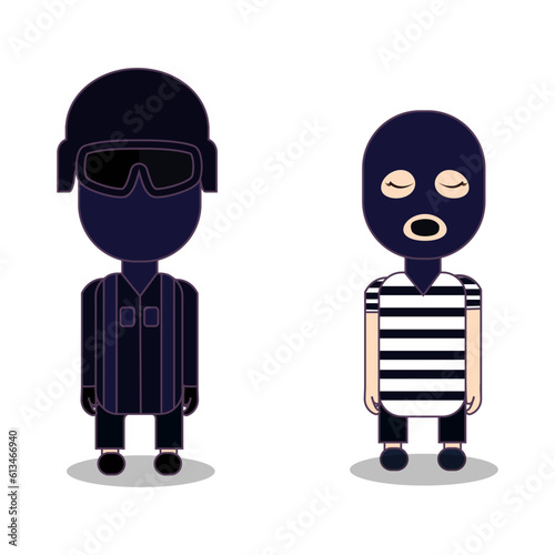 prisoner striped black white clothes crime punishment convicted lawbreaker and police officer safety guard patrol protection occupation