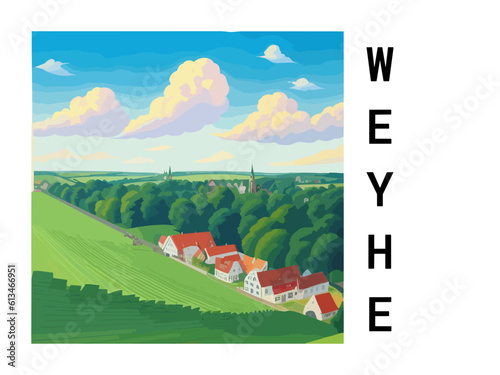Weyhe: Vintage artistic travel poster with a German scenic panorama and the title Weyhe
