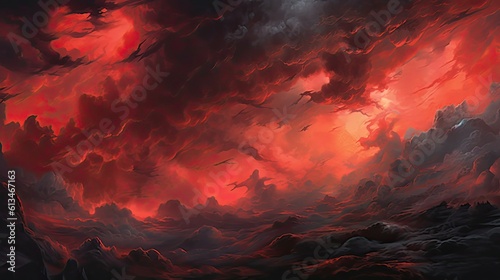 A Mystical Dark Night Sky - An Abstract Red & Black Painting of Lava & Clouds: Generative AI