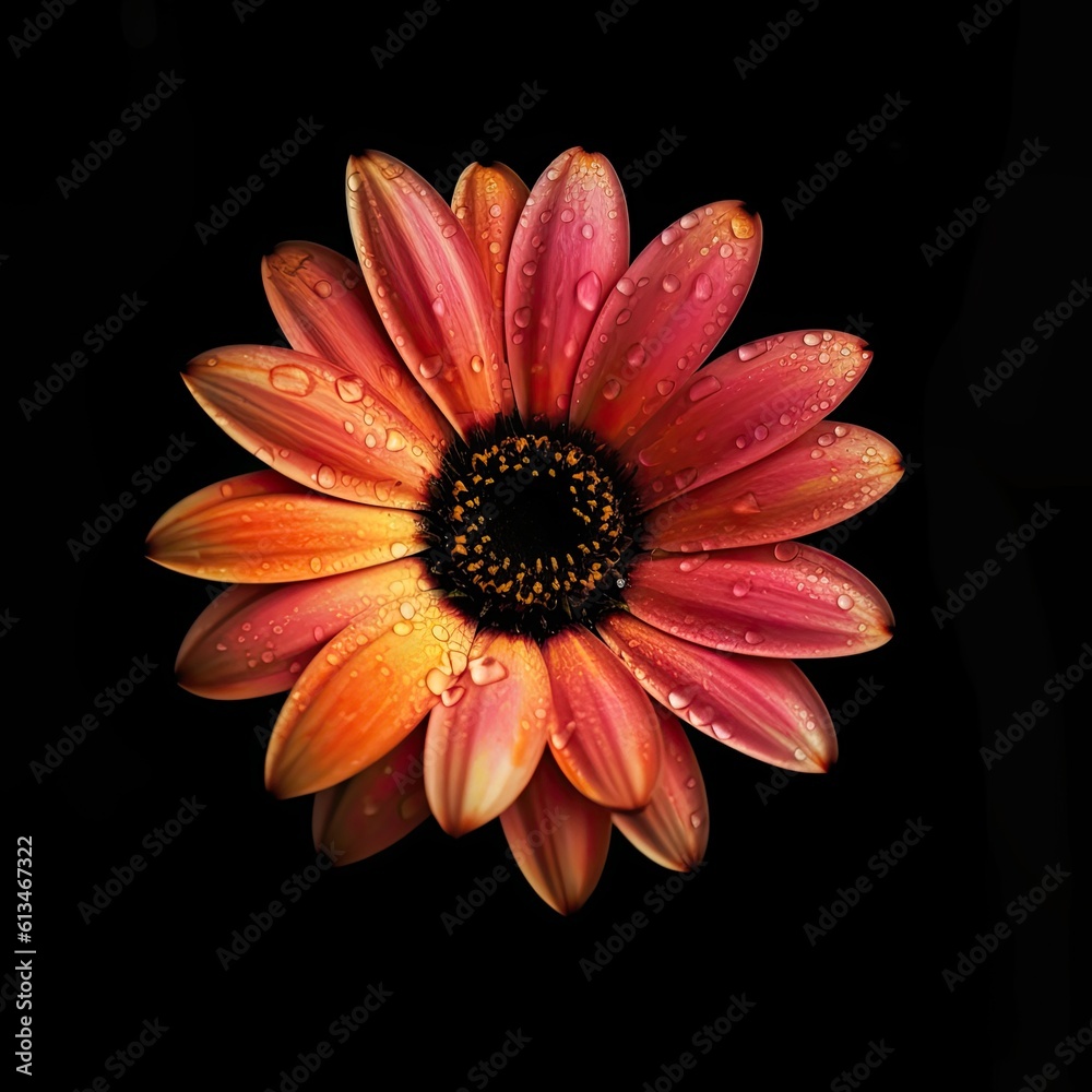 Flower Power: Macro of an Orange Daisy Blooming Against a Black Background, Art Design Illustration. Generative AI
