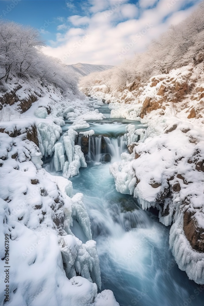 Winter Wonderland: A Snowy Hillfull of Waterfalls, Nature's Delight: Generative AI