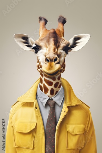 Tall and Intelligent: A Close-Up Portrait of a Giraffe Wearing Human Clothes and Glasses. Generative AI