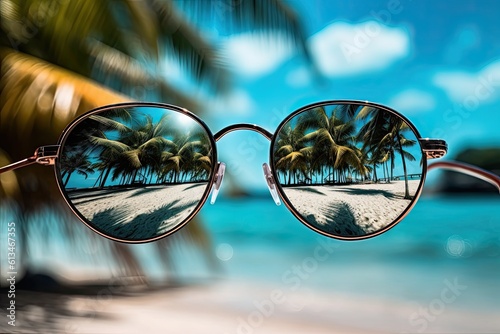 Summer Vacation Dreams: Sunglasses and Tropical Beach Sun Reflections: Generative AI © AIGen