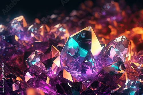 Multi-Colored Crystals, Abstract Shapes, and Waves of Light: Quartz Amethyst Gemstone 3D Artwork on a Black Background: Generative AI