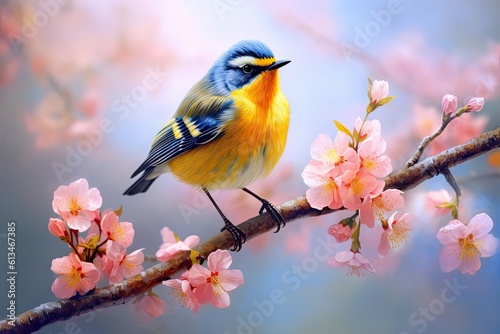 The Beauty of Nature: A Radiant Yellow Robin Perched on a Blossom Branch. Generative AI