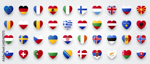 European Flag Set. Europe Flags In Heart Shape