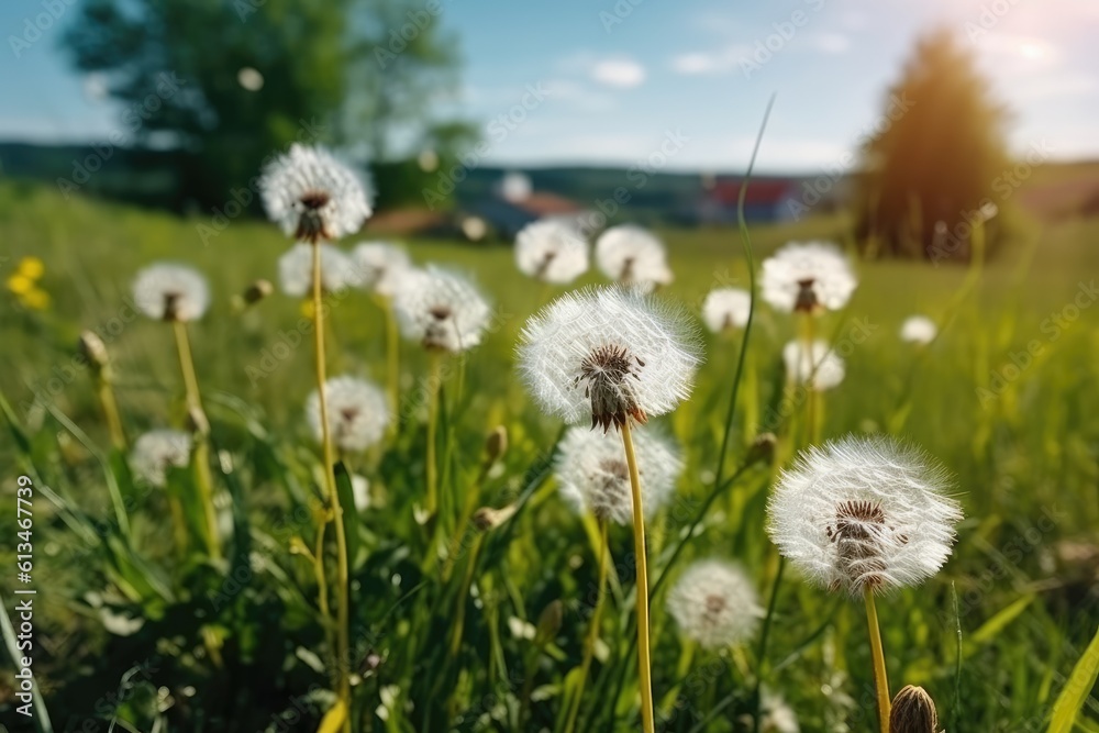 Lot of dandelions close-up on nature in spring. Generative AI Lot of dandelions close-up on nature in spring. Generative AI