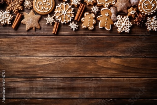 Christmas composition, frame with ginger snap, cookie and gingerbread, on brown wooden background. Generative AI