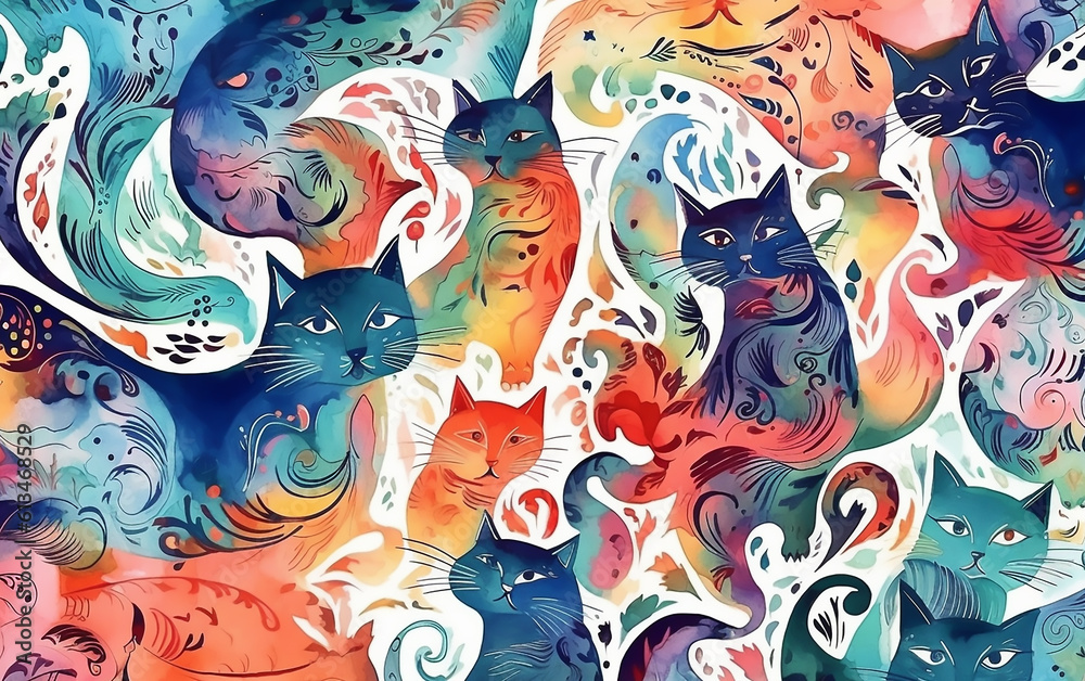  Abstract colorful watercolor background with cats. Generative AI technology.