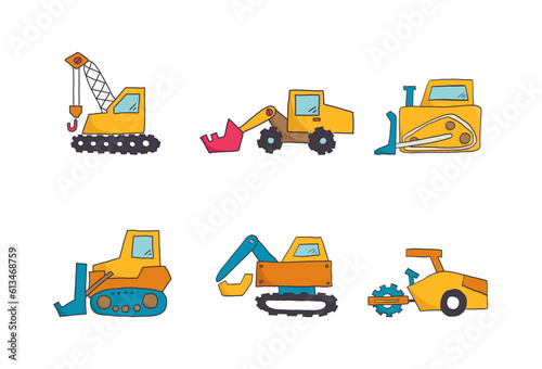 Hand drawn set of colored cute transport. Childish road transport toys set.