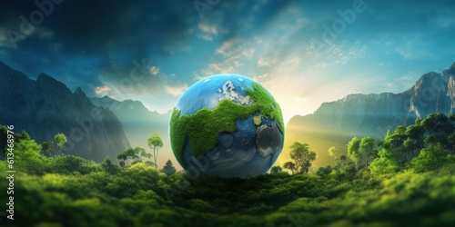 Earth on Green Nature Background. World Environment Day and Earth Day. Generative Ai © CYBERUSS