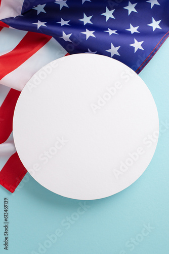 National Labour Day concept. Top vertical view photo of empty round frame surrounded by american flag on blue isolated background with copy-space