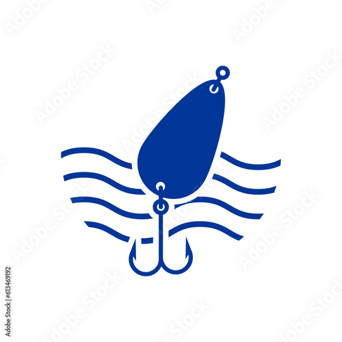 Logo de pesca. Icono aislado anzuelo doble de pesca con olas de mar