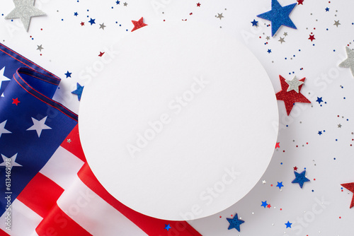 US Independence Day concept. Top view photo of empty circle surrounded by blue, white and red glitter stars and american flag on white isolated background with copy-space