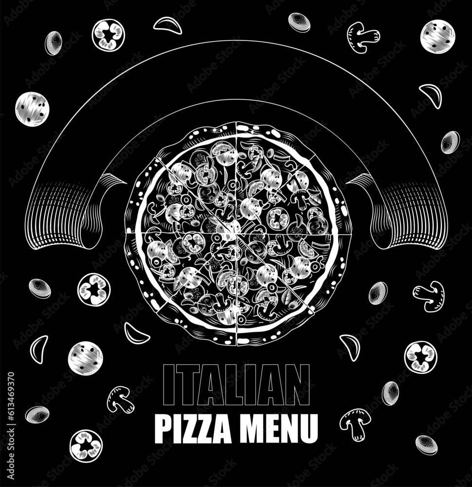 Big round pizza wih ribbon banner. Conceptual design of a restaurant ...
