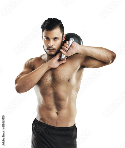Portrait, fitness and kettlebell training with a man isolated on a transparent background for a workout. Exercise, weight lifting and a shirtless male bodybuilder or strong athlete on PNG for health