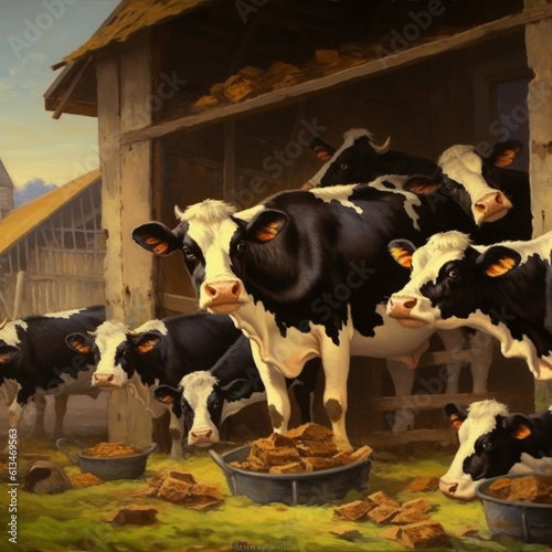 Cows eating on the farm. Generative AI.