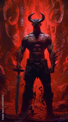 A demon embodied in a man holding a weapon