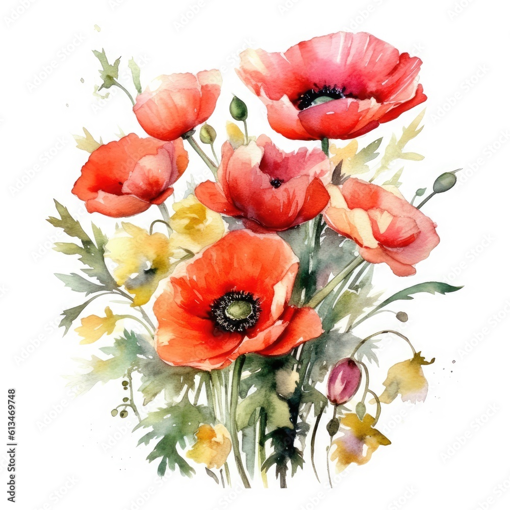 Watercolor painting of red poppies on white background. Generative AI