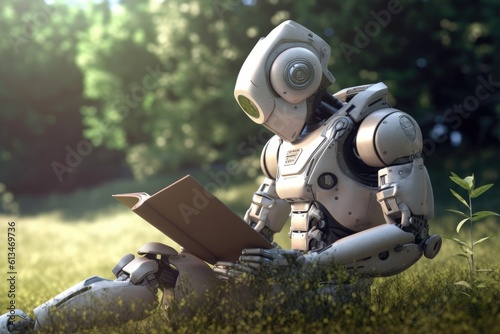 Robot reading a book in nature. Generative AI
