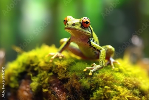 Tree frog sitting on moss. Generative AI