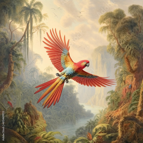 Parrot flying in the jungle. Generative AI. © DALU11