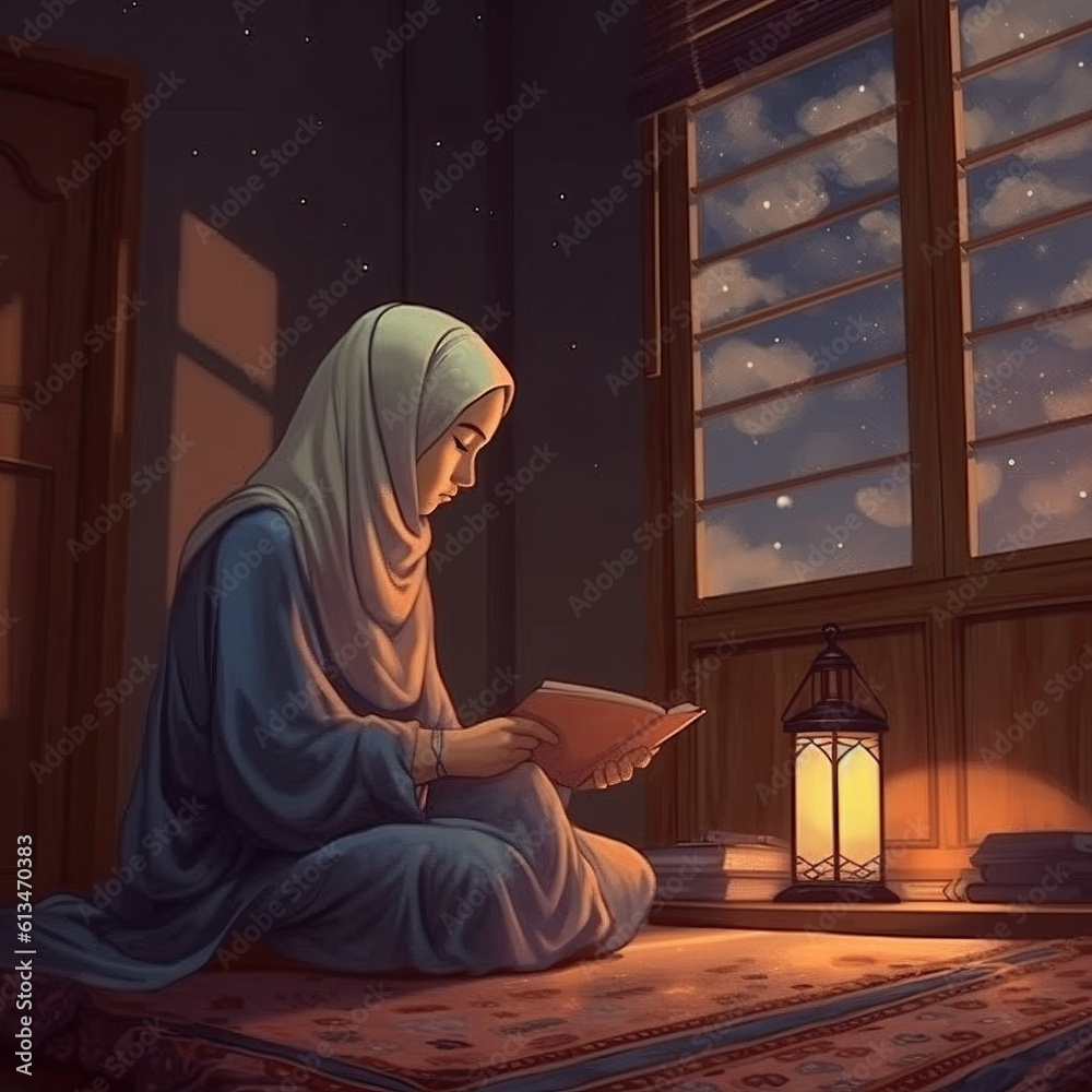 a-muslim-and-muslim-woman-recitation-reading-holy-quran-illustration